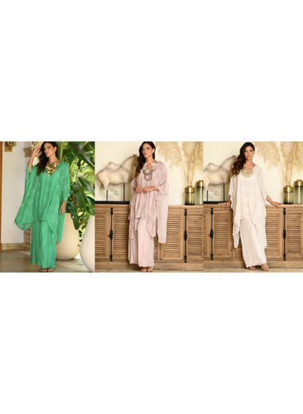 ONE SIZE SILK EMBROIDERED TUNIC AND PANTS SET(more Colors)