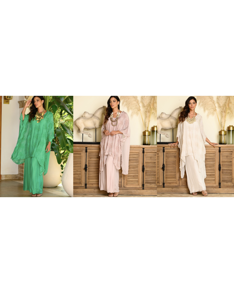 ONE SIZE SILK EMBROIDERED TUNIC AND PANTS SET