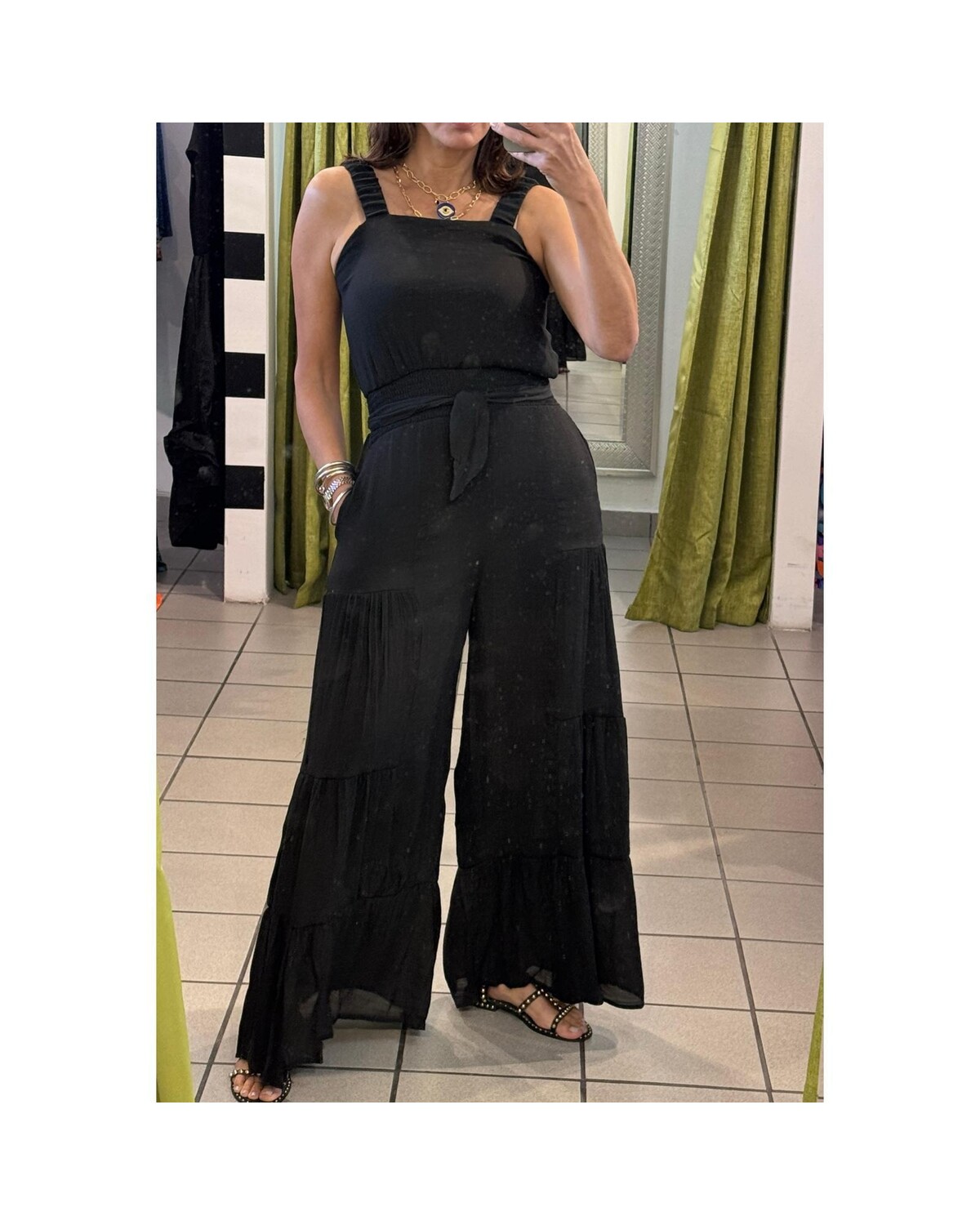 ELASTIC STRAP TIERED JUMPSUIT