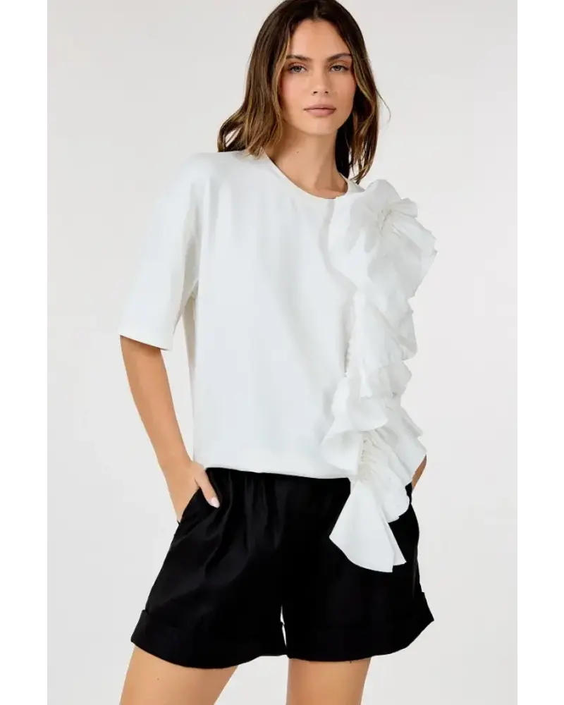 RUFFLE FRONT 3/4 SLEEVE TOP white