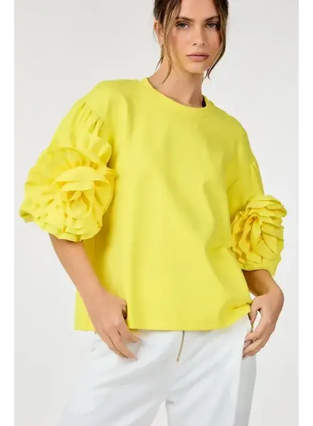 ROUND NECK SOLID TOP WITH FLOWER DETAIL Yellow