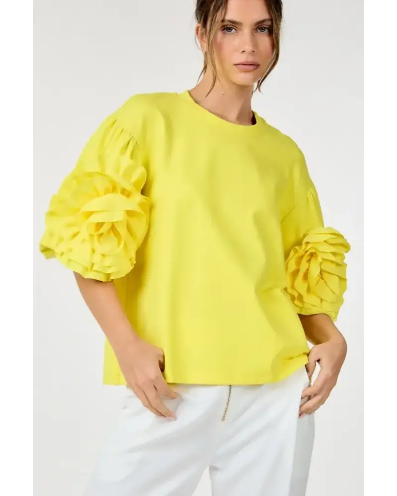 ROUND NECK SOLID TOP WITH FLOWER DETAIL Yellow