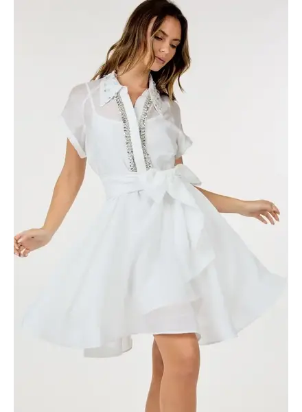 BELTED CRYSTAL-EMBELLISHED ORGANZA SHORT DRESS