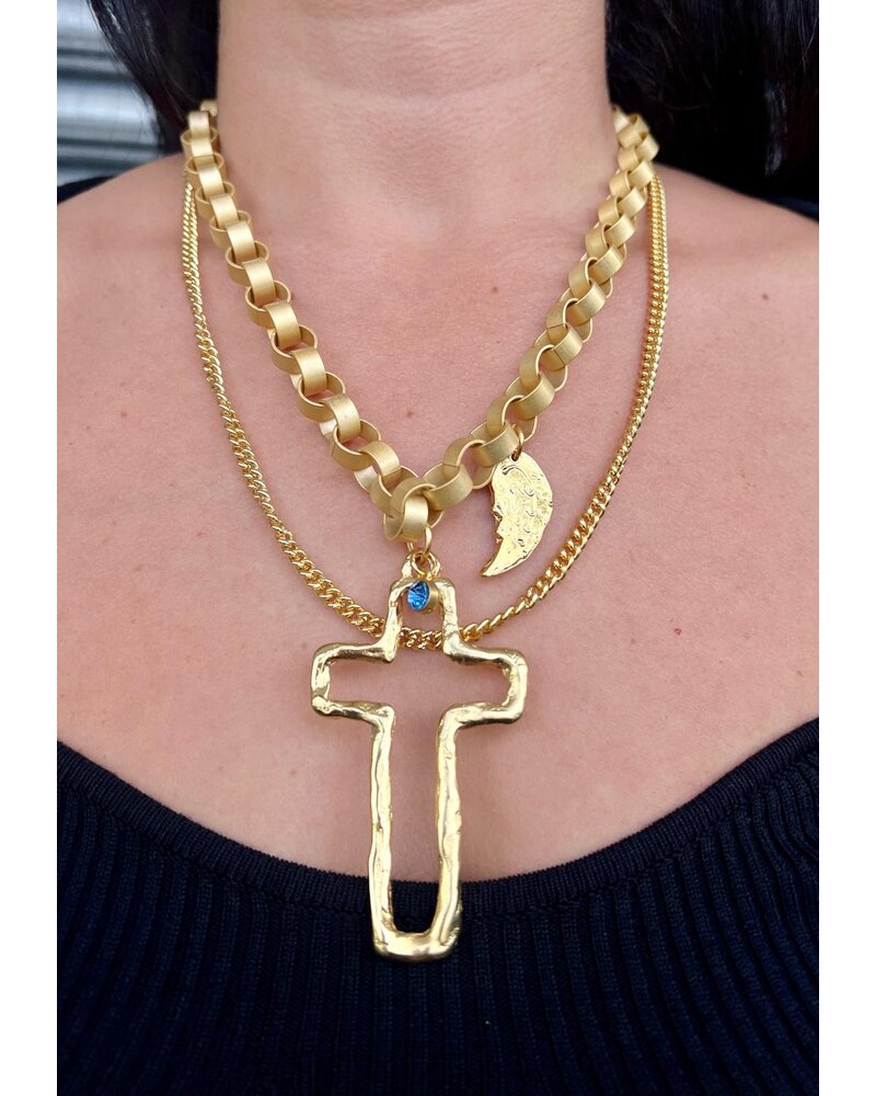Two Layers Chain Gold Cross 4 Soles Necklace