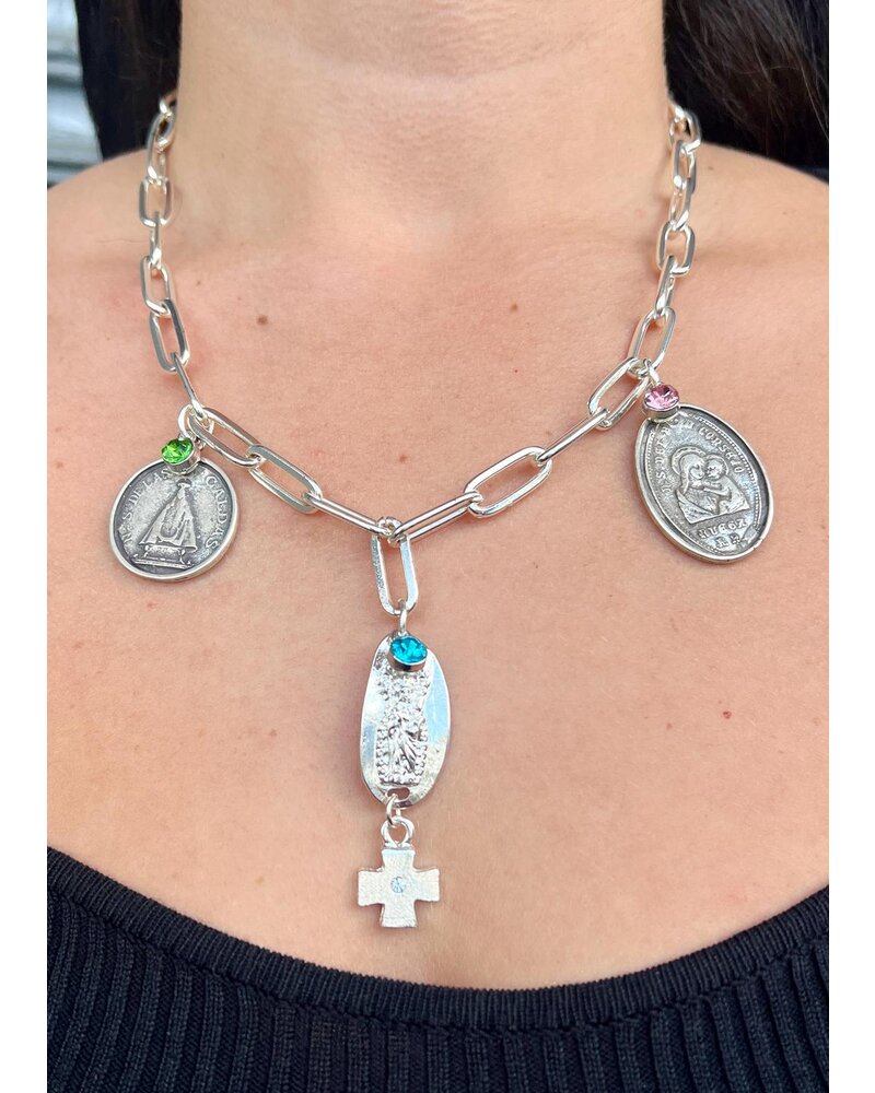 Cross/Virgen Multi Charm Silver Necklace