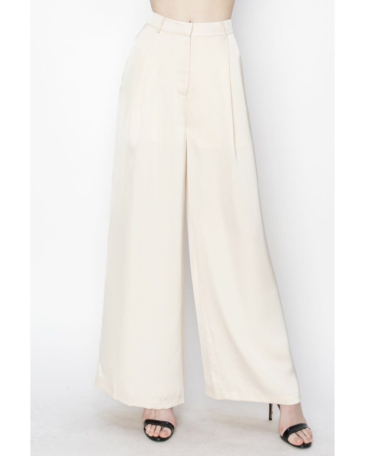 Satin High Strertch Pintuck Front Wide Leg Pants