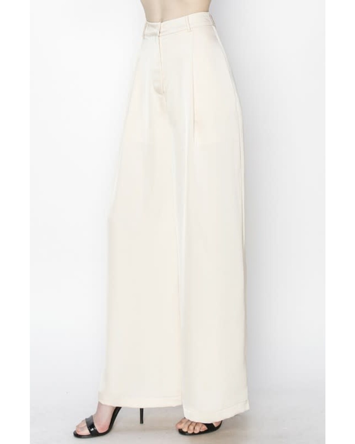 Satin High Strertch Pintuck Front Wide Leg Pants