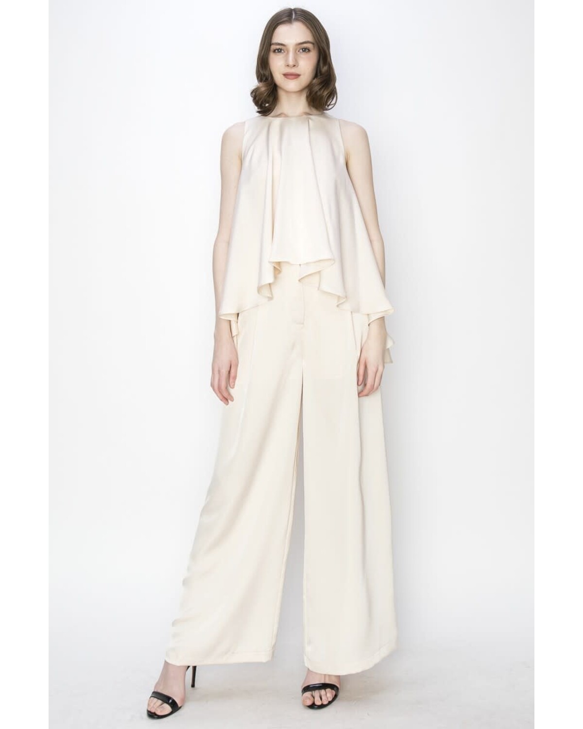 Satin High Strertch Pintuck Front Wide Leg Pants