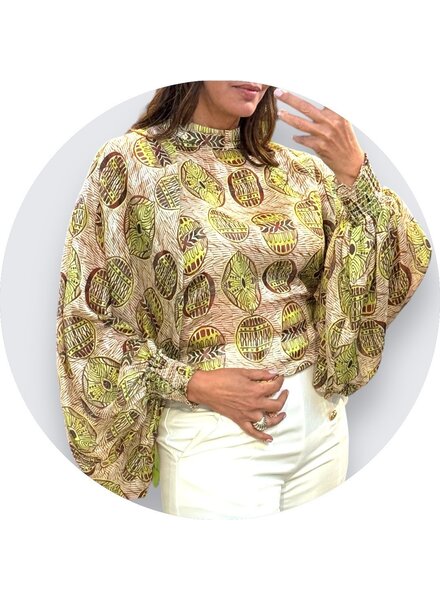 Open Back Bubble Sleeve Printed Top Green