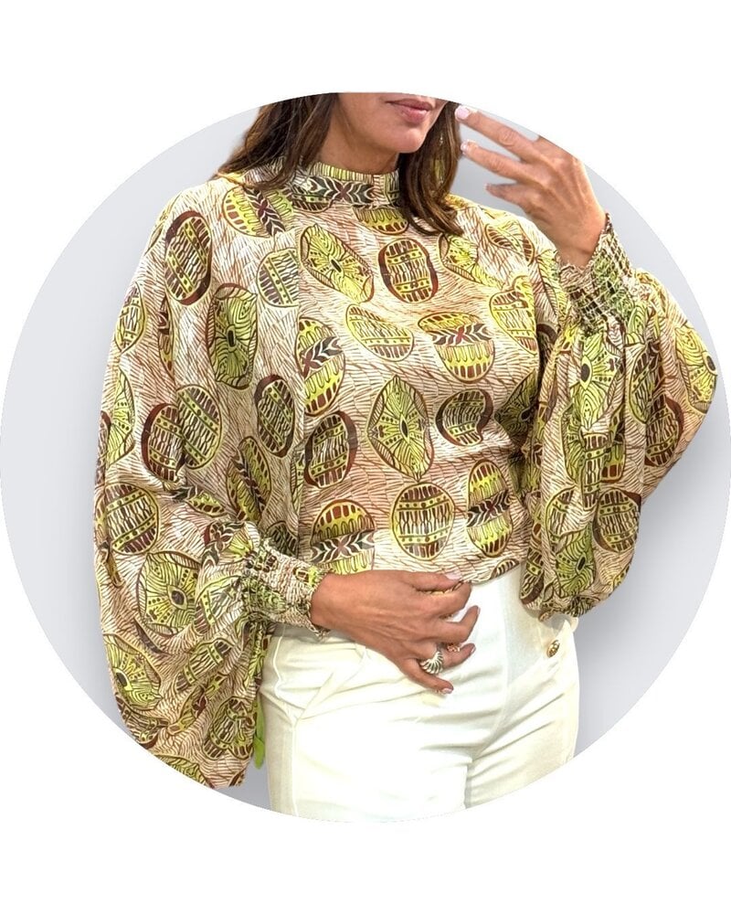 Open Back Bubble Sleeve Printed Top Green