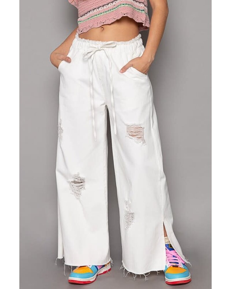 Wide leg drawstring elastic waist denim pants