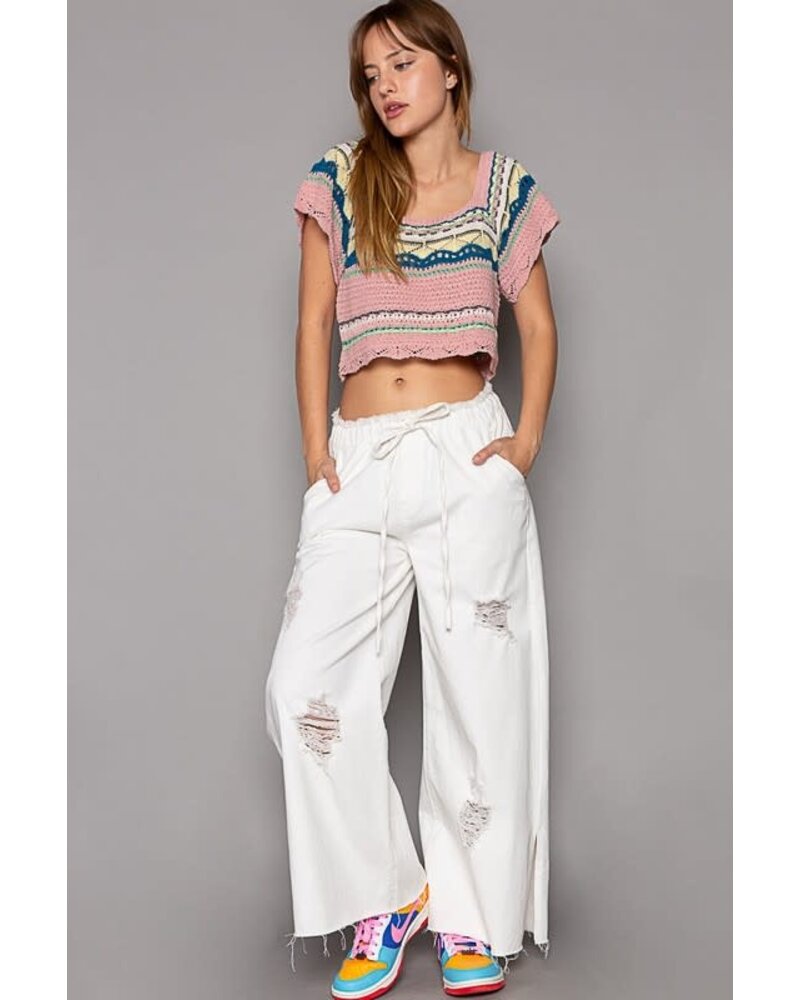 Wide leg drawstring elastic waist denim pants