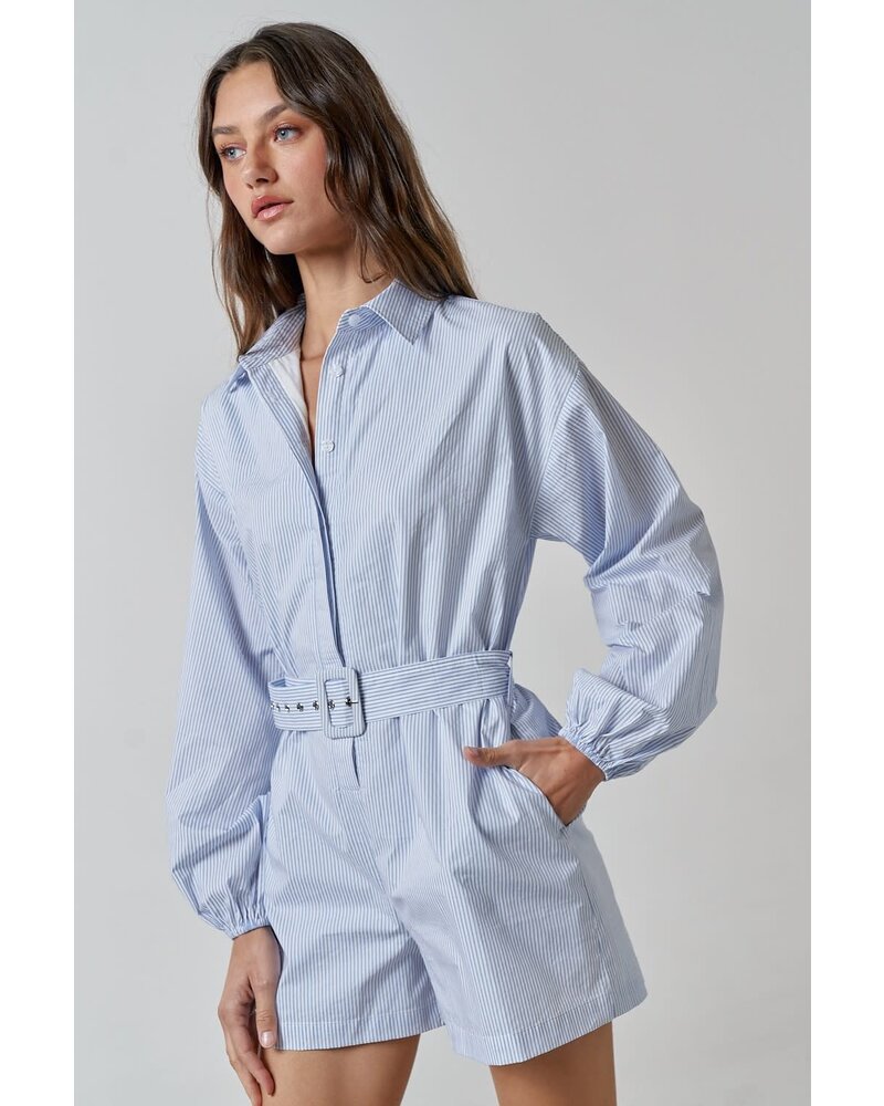 BELTED STRIPE BUTTON UP SHIRT ROMPER