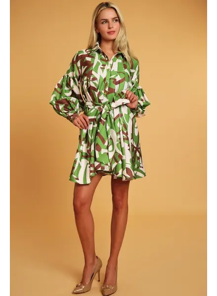 BUBBLE SLEEVE PRINTED DRESS