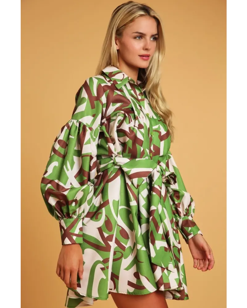 BUBBLE SLEEVE PRINTED DRESS