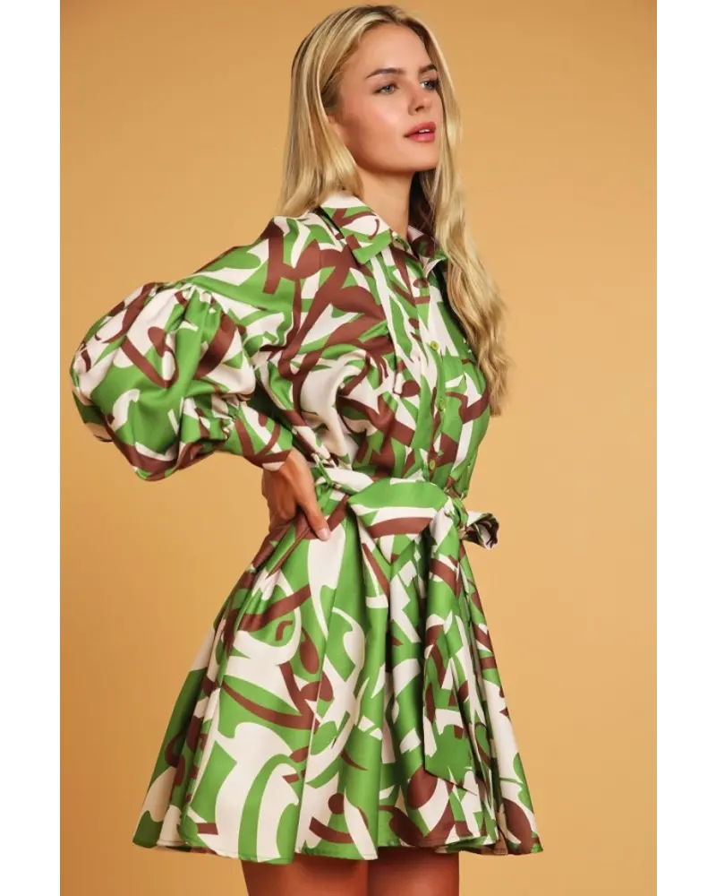 BUBBLE SLEEVE PRINTED DRESS