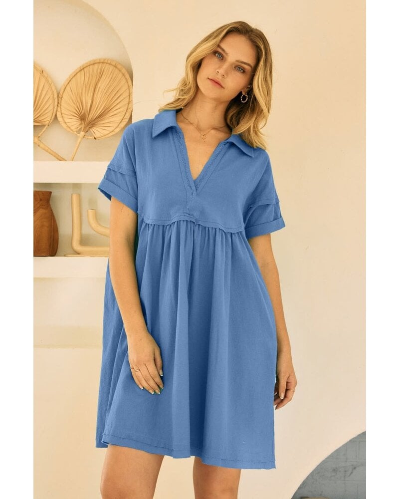 V-neck collar solid mini dress