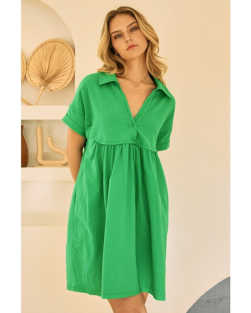 Green V-neck Collar Solid Mini Dress