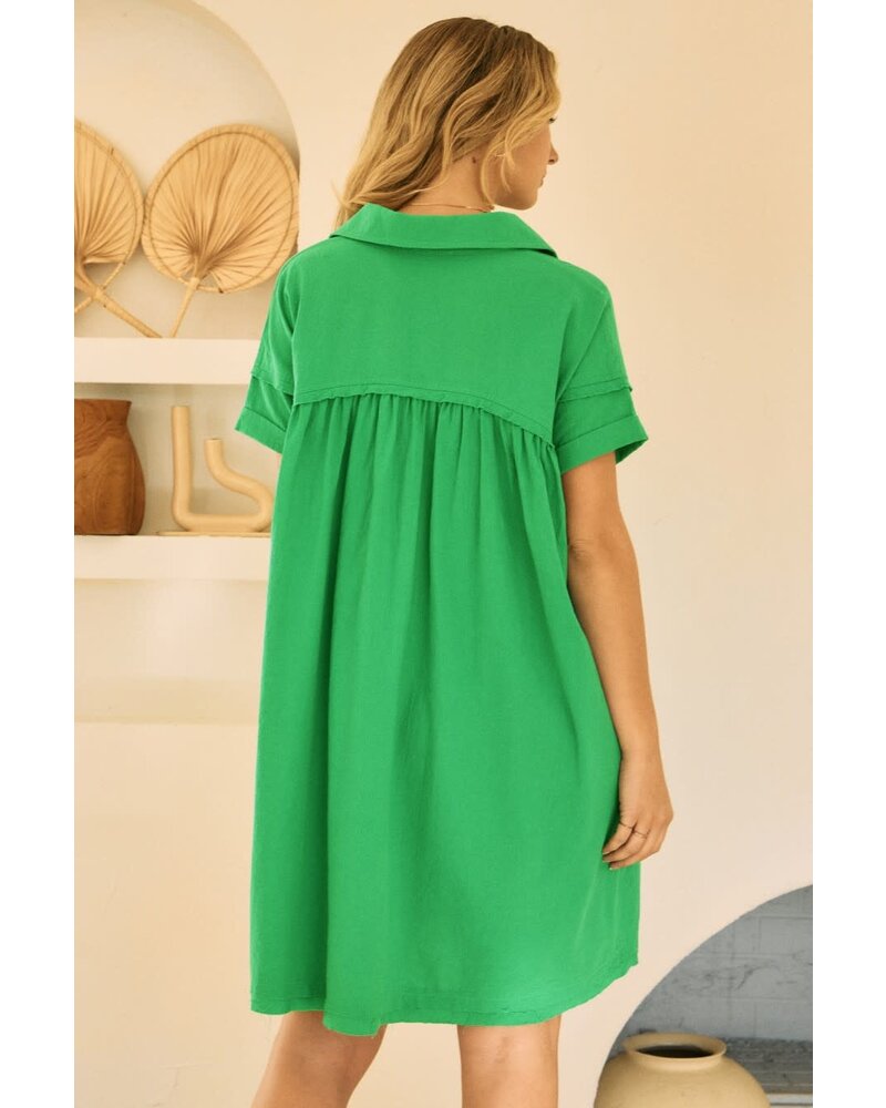 Green V-neck Collar Solid Mini Dress