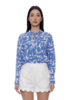 Brush Stroke Print Long Cuff Sleeve Tie-Neck Top