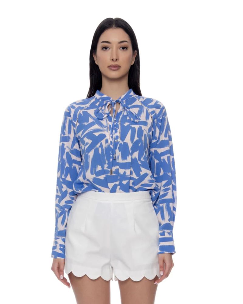 Brush Stroke Print Long Cuff Sleeve Tie-Neck Top