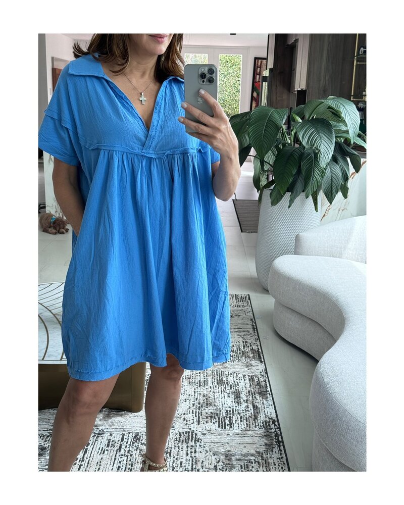 V-neck collar solid mini dress