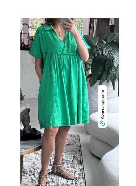 Green V-neck Collar Solid Mini Dress