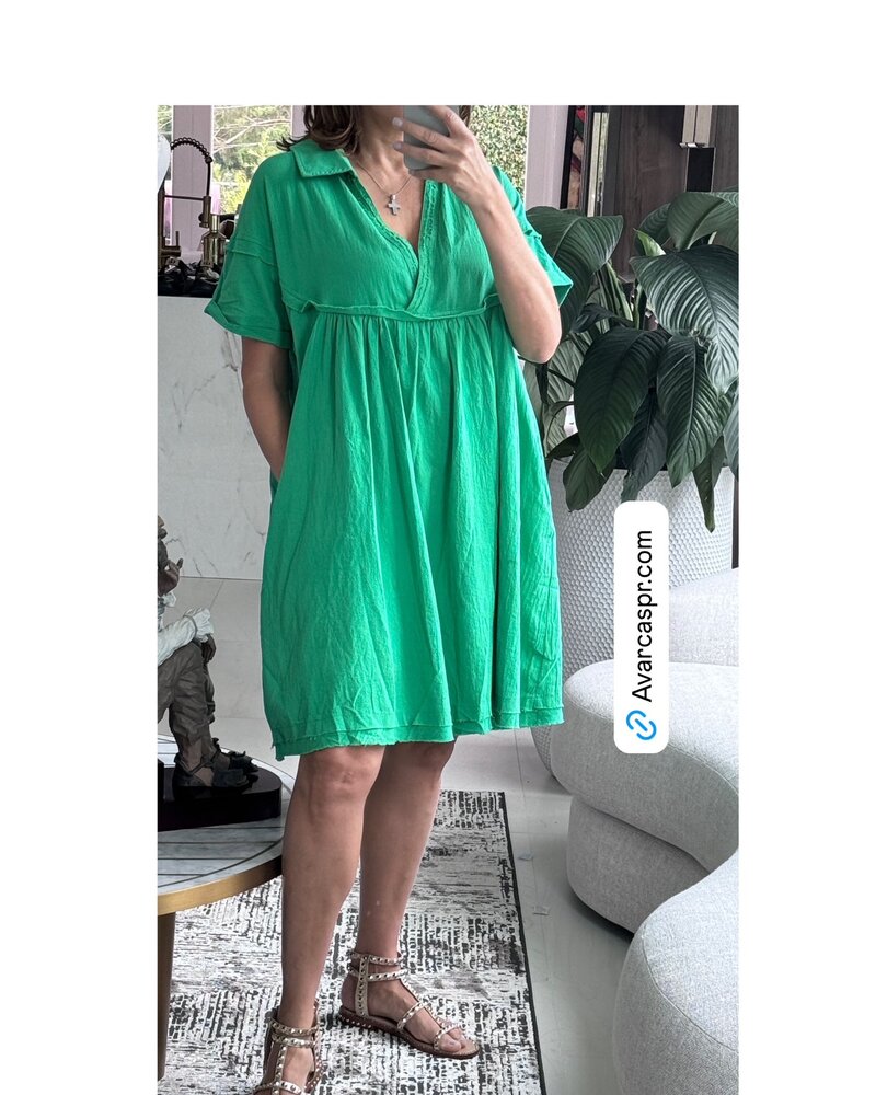 Green V-neck Collar Solid Mini Dress