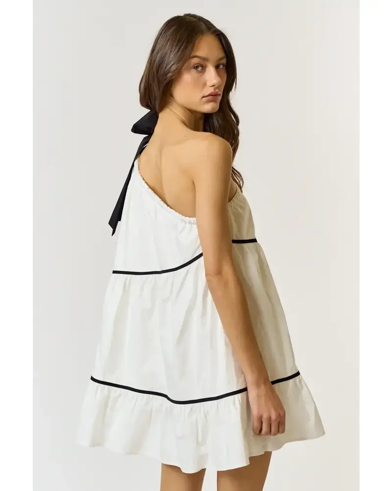 One Shoulder Bow Tie Contrast Babydoll Dress