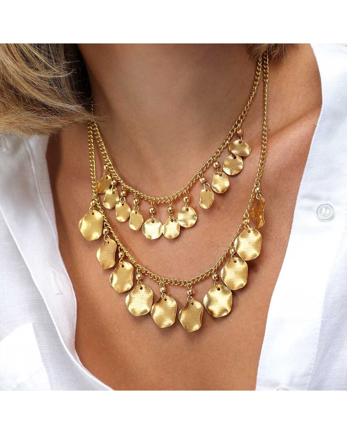 dd03015 NECKLACE 2 CHAINS WAVY COINS