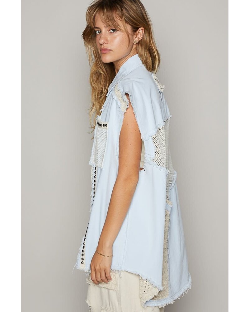 Oversize sleeveless crochet contrast stud ves