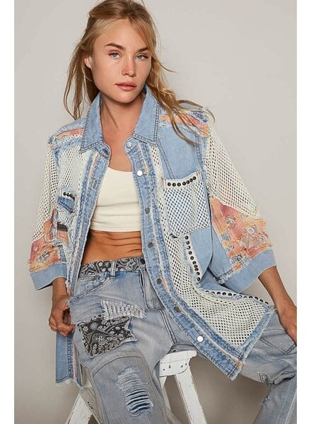 Oversize shortsleeve crochet contrast denim jacket