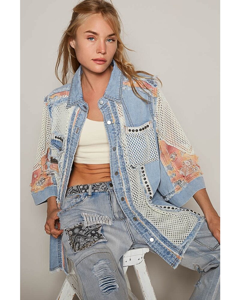 Oversize shortsleeve crochet contrast denim jacket