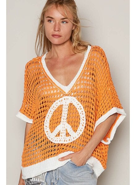 Oversize v-neck short sleeve peace sign sweater