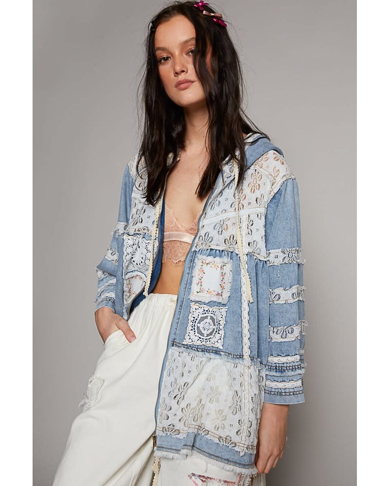 Embroidered woven crochet patch zipper jacket