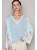 V-neck long flare sleeve lace detail solid top