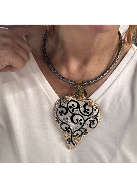 Ceramic Heart & leather necklace handmade black