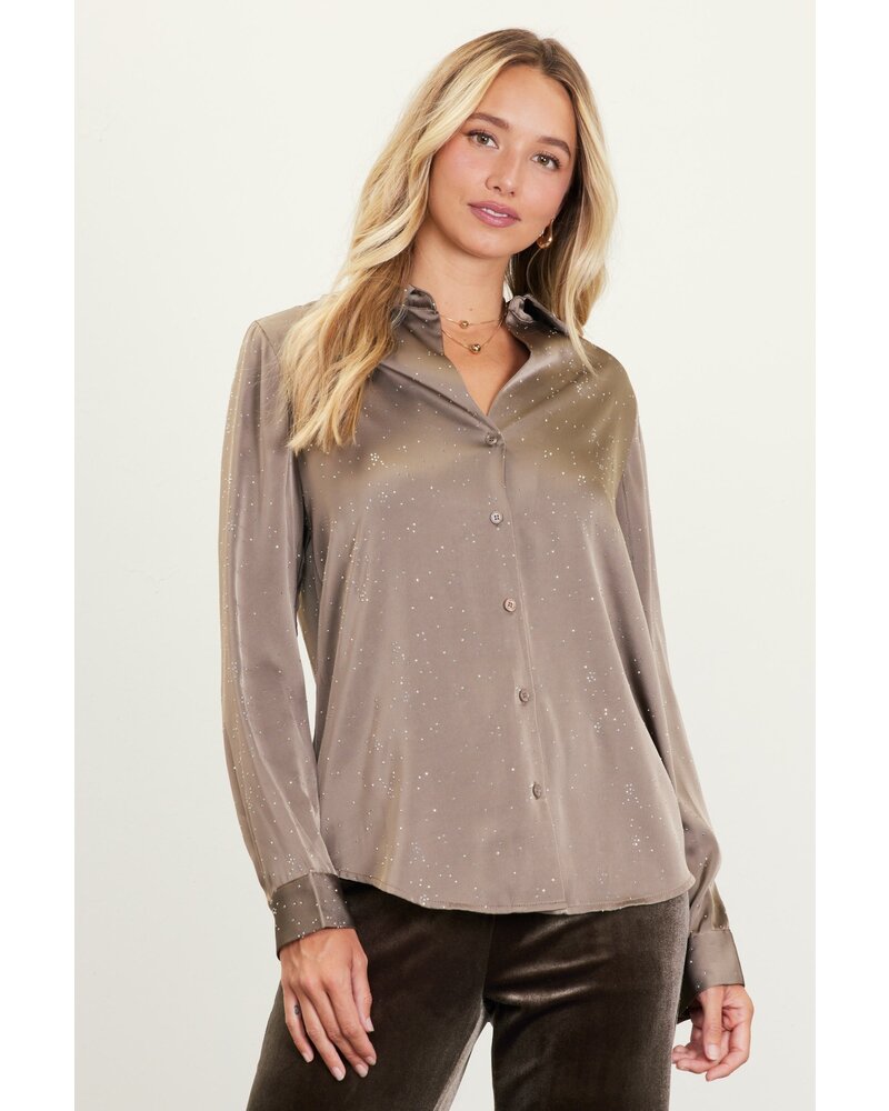 RHINESTONE BUTTON DOWN BLOUSE Olive