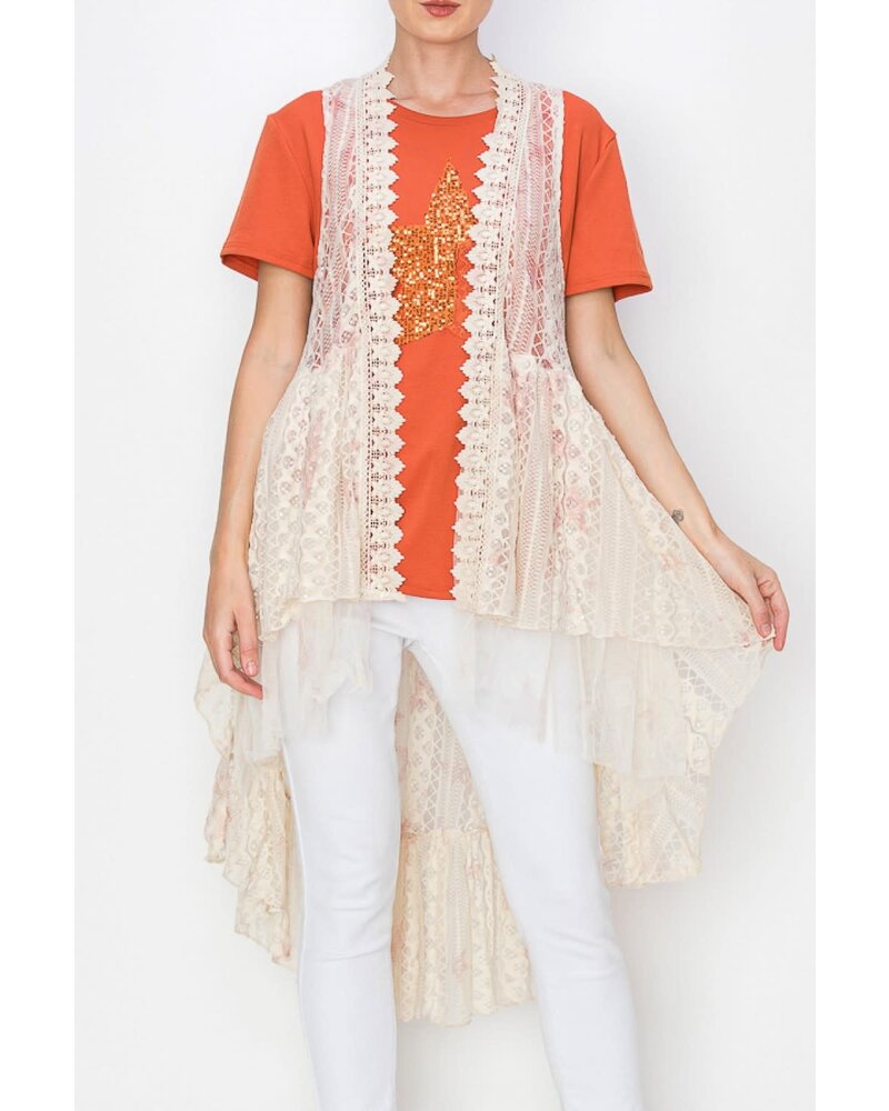 HIGH LOW ALL LACE VEST WITH PRINT