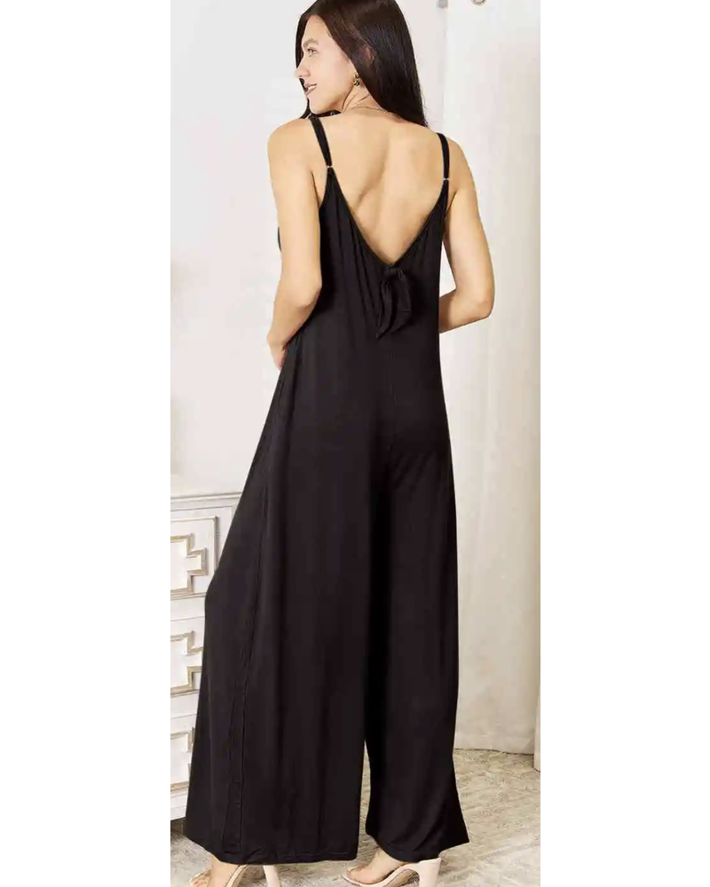 Soft Rayon Spaghetti Strap Tied Wide Leg Jumpsuit