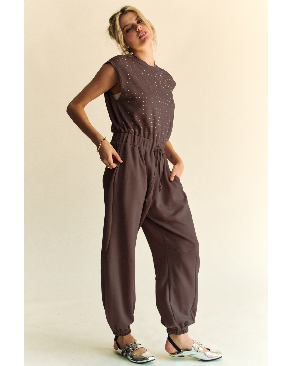 Rhinestone Détail Top Jogger Jumpsuit