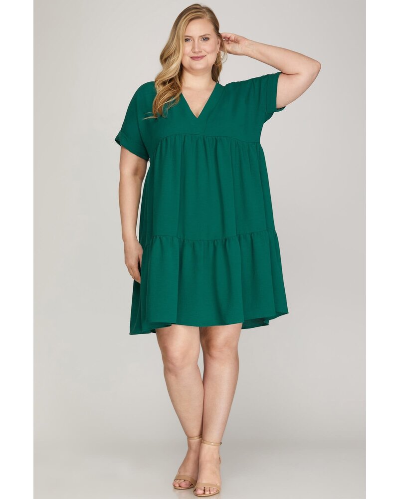 DROP SHOULDER SLEEVE V NECK WOVEN DRESS