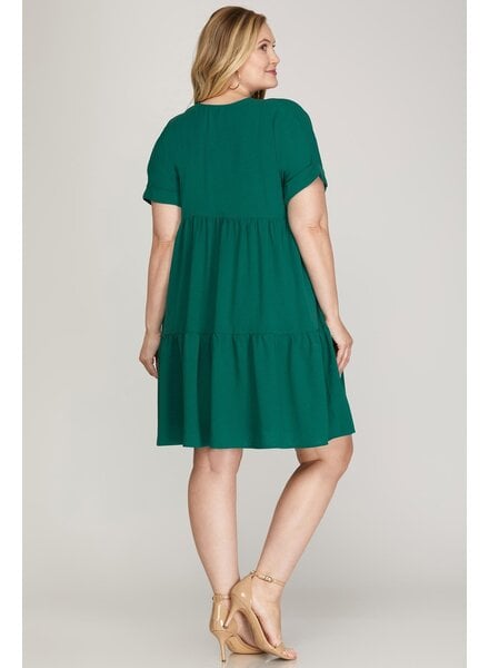 DROP SHOULDER SLEEVE V NECK WOVEN DRESS