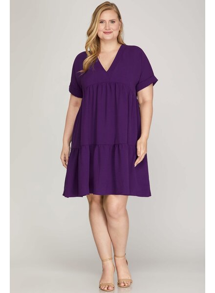 DROP SHOULDER SLEEVE V NECK WOVEN DRESS Purple