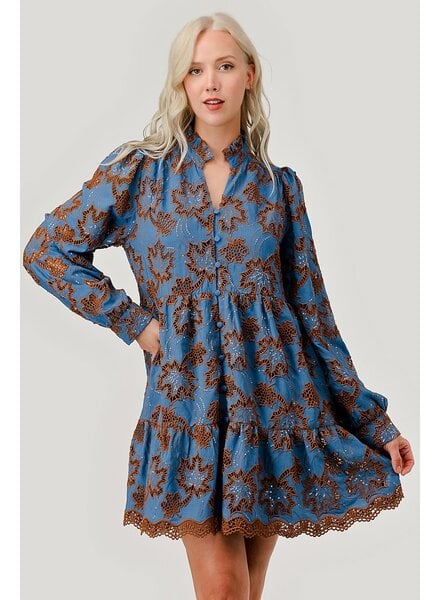 Leaf Pattern Embroidered Shirt Mini Dress