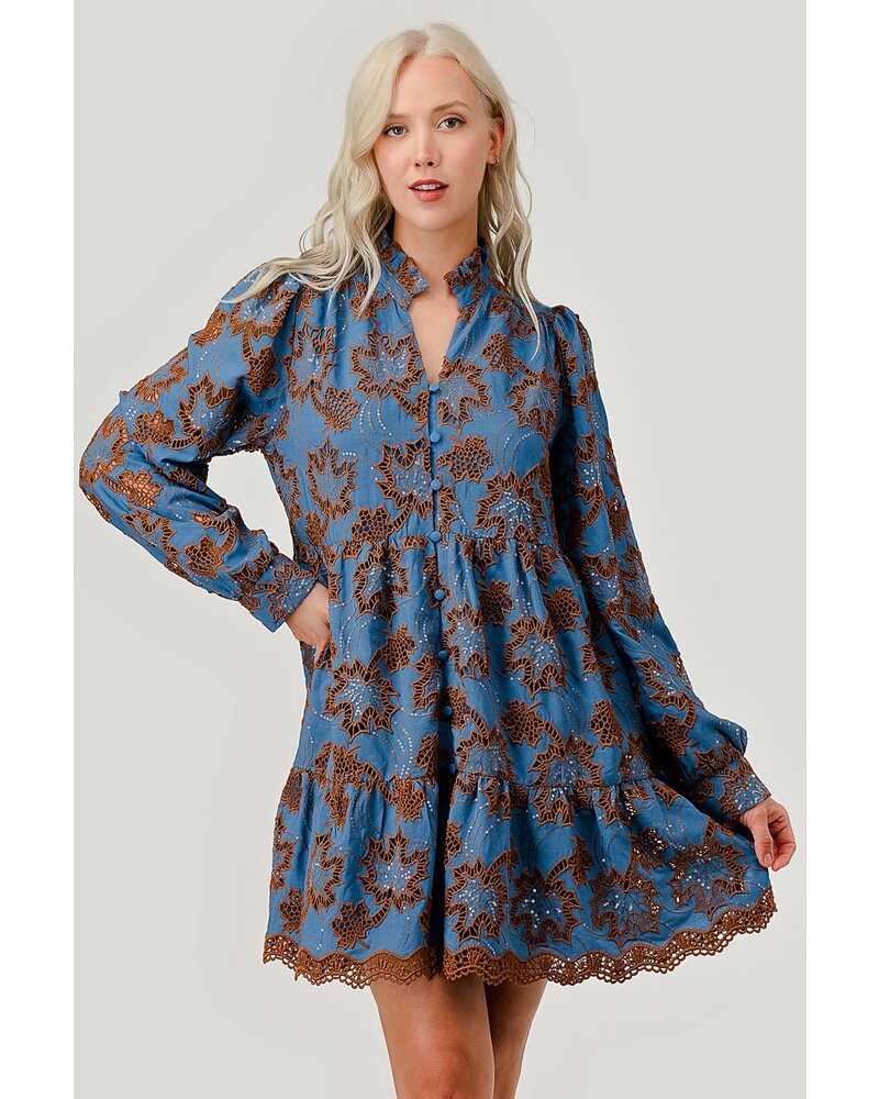 Leaf Pattern Embroidered Shirt Mini Dress