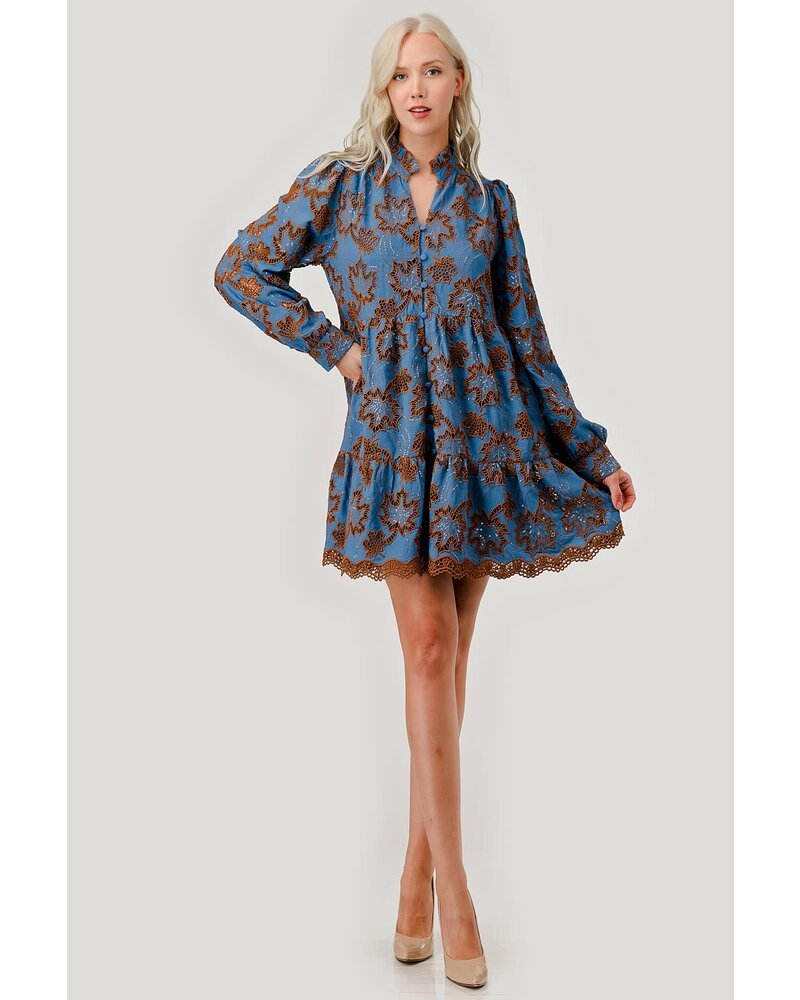 Leaf Pattern Embroidered Shirt Mini Dress