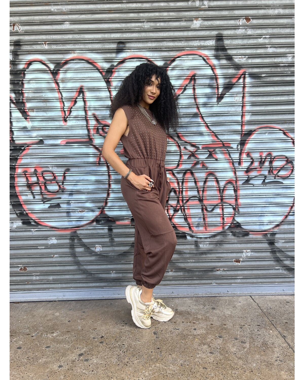 Rhinestone Détail Top Jogger Jumpsuit