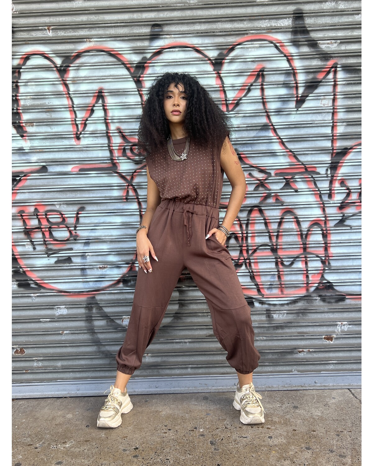 Rhinestone Détail Top Jogger Jumpsuit
