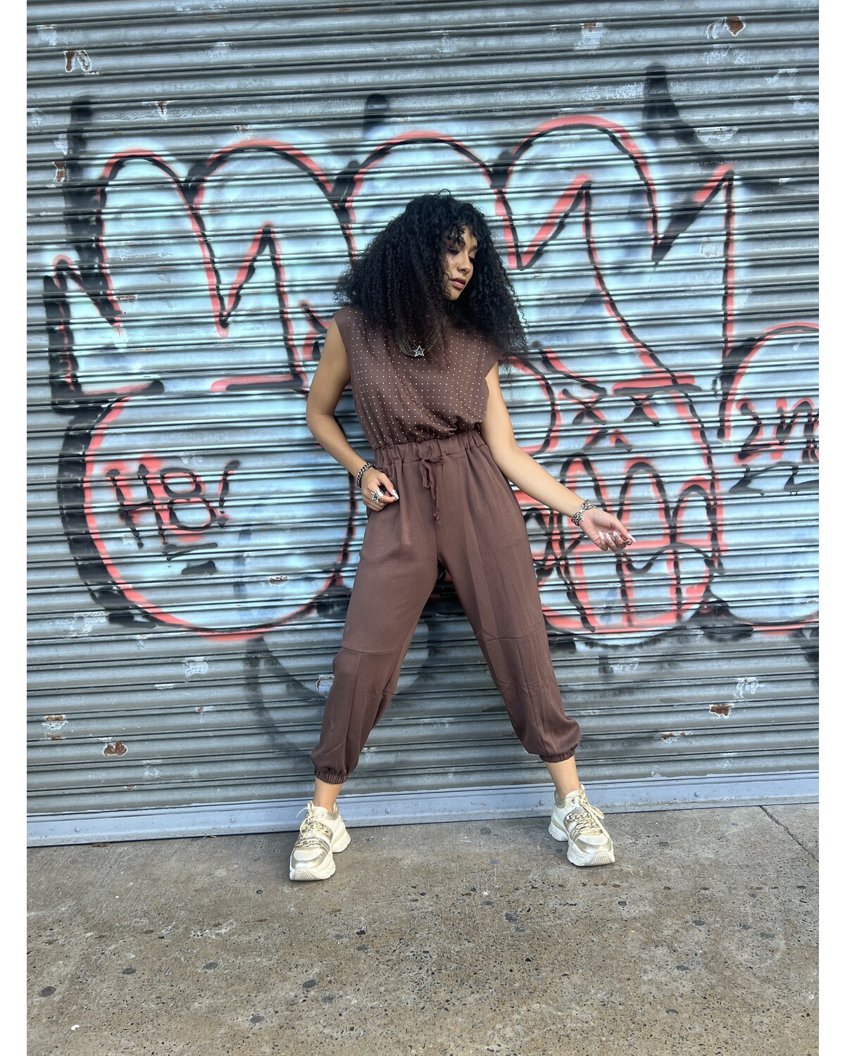 Rhinestone Détail Top Jogger Jumpsuit